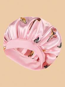 Butterfly Print Satin Sleep Cap, 3 Colors Available, Wide Band Silky Hair Care Sleep Cap, Soft Non-Slip Night Hair Cover, Suitable For Curly Hair, Long Hair, Home, Summer Travel, Women's Gift, Butterfly Pattern Hair Cap, Silk Hair Cap, Satin Hair Cap, Hair Care Sleep Cap, Sleep Cap - Pink - View 2