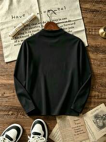 Kaos Lengan Panjang Kerah Tinggi Warna Polos untuk Anak Laki-laki Remaja, Atasan Kasual Serbaguna sebagai Lapisan Dasar - Hitam - View 4