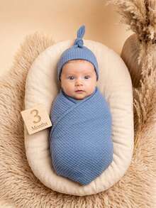 Baby Photography Props, Essential For Baby's Full Month Photos[INS Hot Style]Newborn 4-Color Waffle Wrap + Knot Hat 2 Pieces Set, Simple Versatile Newborn Photography Outfit, Baby Birthday Party, Baby 100 Days Commemorative Photos - Multicolor - View 7