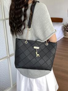 Bolso de mano de gran capacidad para mujer, bolso de hombro con cadena elegante, nueva bolsa de moda para debajo del brazo, bolso de lino retro - Negro 6 - Ver 12