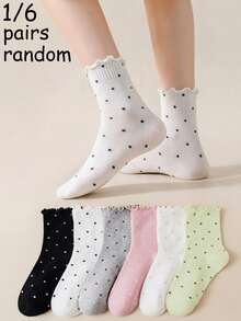 1/6 Pairs Women's Multi-Color Polka Dot Ruffle Socks, Sweet And Cute Style Suitable For Campus And Daily Wear, Simple Basic Style Suitable For Office And Outings, Young Lady Style Suitable For Home And Casual Scenes, Comfortable Fabric, Easy To Match, Cute, Randomly Mixed - Multicolor - View 1
