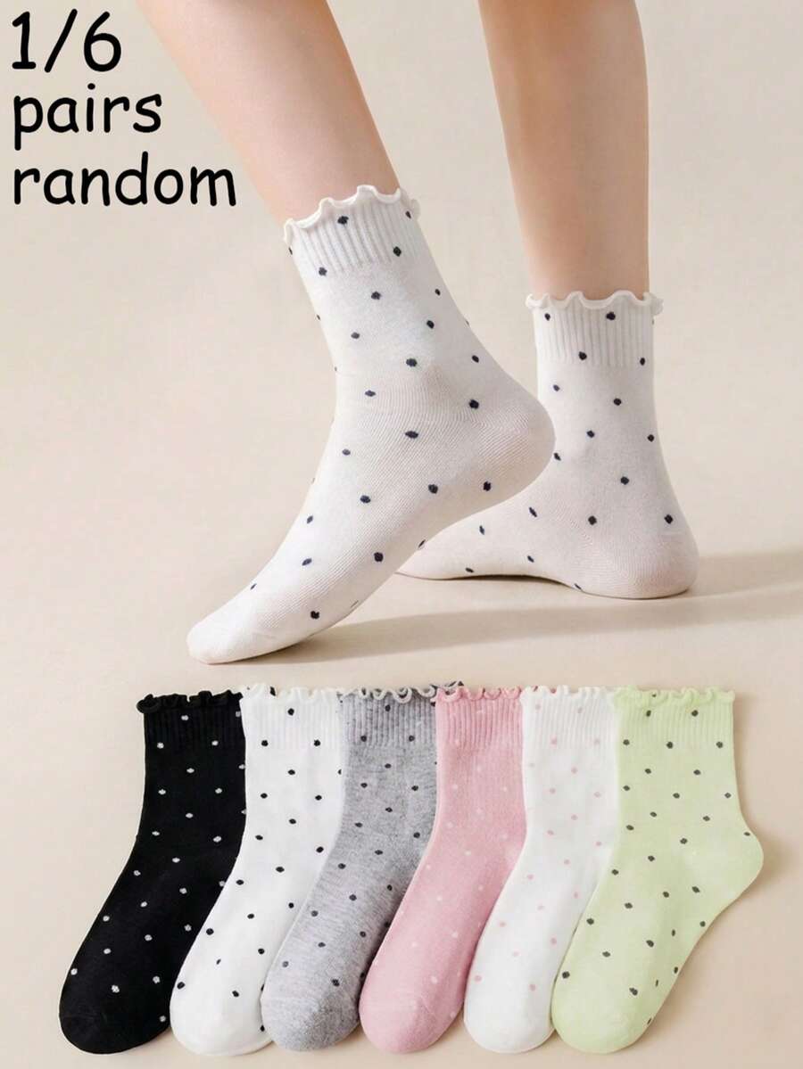 1/6 Pairs Women's Multi-Color Polka Dot Ruffle Socks, Sweet And Cute Style Suitable For Campus And Daily Wear, Simple Basic Style Suitable For Office And Outings, Young Lady Style Suitable For Home And Casual Scenes, Comfortable Fabric, Easy To Match, Cute, Randomly Mixed - Multicolor - View 1