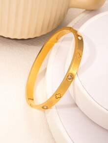 Classic Open Fashion Stainless Steel Non-Fading Bangle Bracelet For Men, Four-Leaf Clover Zirconia Bracelet, Valentine's Day Gift For Boyfriend - Silver - View 3