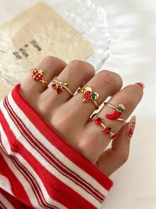 Juego de 5 anillos apilables estilo INS con esmalte falso de goteo rojo, diseño divertido de verduras, mariquita, fresa y chile para mujer - Dorado - Ver 1