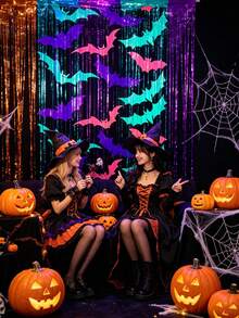 1pc 1*2m Fluorescent Bat Rain Curtain, Halloween Theme Party Backdrop, Glows Under Fluorescent Light, Party Decoration, Suitable For Holiday Party And Celebration Decor, Halloween, Create Festive Atmosphere - Multicolor - View 8