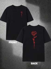 Camiseta de hombre con estampado de rosas negras y rojas - Diseño estampado a doble cara, patrón floral en la parte delantera y trasera, estilo de manga corta transpirable con cuello redondo - Negro - Ver 1