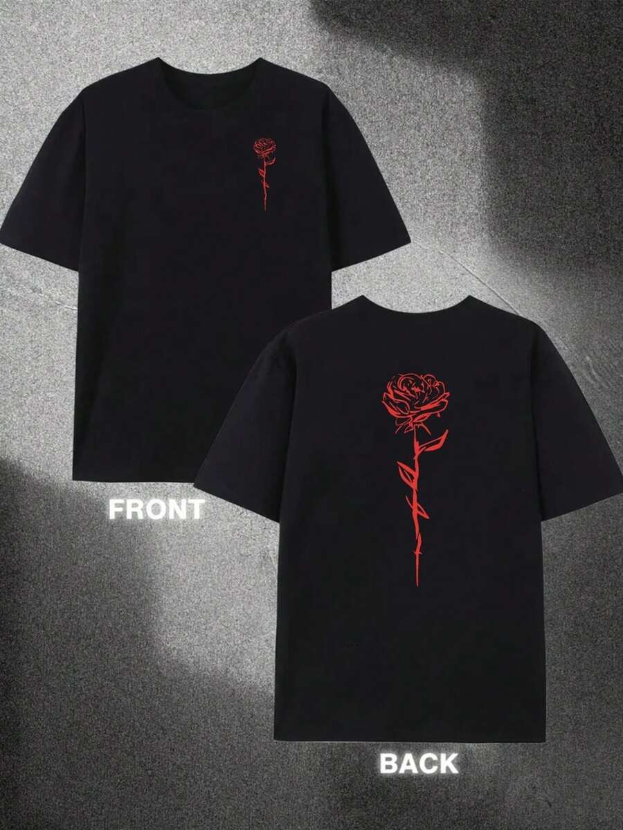 Camiseta de hombre con estampado de rosas negras y rojas - Diseño estampado a doble cara, patrón floral en la parte delantera y trasera, estilo de manga corta transpirable con cuello redondo - Negro - Ver 1