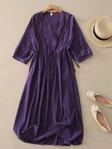 Plus Size Summer Autumn Vintage Romantic Casual Elegant Lace Patchwork Dress For Women, Waist Tie V-Neck Slimming Design Lace Patchwork Collar, Lace Patchwork Cuffs, Commute Vacation Holiday Daily Mid-Length Dress - Purple - View 8