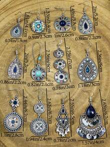 TopHanqi 12pairs Water Drop Earrings Retro Ethnic Style 12 Pairs Of Women's Earrings Multi-colored Set Round Drop-shaped Flower Set With Turquoise Set With Colored Rhinestone Pendant Combination Earrings - Multicolor - View 6