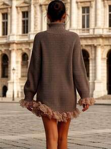 Autumn New Knitted High Neck Ruffle Edge Spliced Long Sleeved Gray Sweater, Graduation Gift, Must-Have For Returning To School, Casual Commuting Style - 棕色 - 查看 3