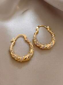 1 Pair Personalized Minimalist Elegant Luxury Geometric Twisted Design Cubic Zirconia Unique High-End Fashion Hoop Earrings For Women Daily Casual Commute Wear - Yellow Gold - View 3