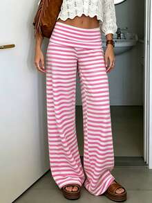 Women Y2k Low Waist Loose Fit Trousers Cute Striped Wide Flare Leg Pants Stretchy Folds Over Lounge Home Sweatpants - 粉色 - 查看 3