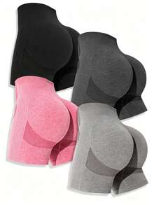 4 Pack Seamless High Waist Workout Shorts Women Scrunch Butt Lifting Yoga Shorts 3 Inch - 麻黑麻粉麻中灰麻淺灰 - 查看 11