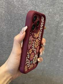 Fashionable Floral Print Anti-Drop Phone Case, Compatible With 11/12/13/14/15 Pro Max - 酒紅色 - 查看 6