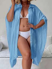 Große Größen Blaues langes Strandkleid, Kragen, halbtransparentes gewebtes Material, perfekt für Sommer/Herbst Urlaubskleidung mit Bikini - Blau - Übersicht 4