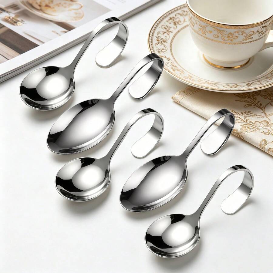 1/5/10pcs Curved Handle Dessert Spoon,Stainless Steel Hanging Ice Cream Spoon, Mini Coffee Spoon For Home Kitchen Party Tableware - View 1