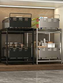 1 Buah Rak Penyimpanan Dapur Tarik Keluar Tugas Berat, Keranjang Penyimpanan 2 Tingkat yang Dapat Dilepas Terbuat dari Baja Karbon, Rak Penyimpanan Serbaguna Beroda untuk Penyimpanan Barang di Bawah Wastafel, Kabinet, dan Meja, Warna Ganda Hitam Perak - MultiWarna - View 12