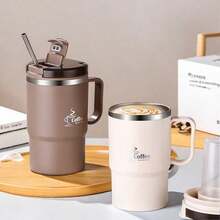 1個 550ml 304不鏽鋼咖啡杯，PP塑料不鏽鋼咖啡杯附茶濾網與可折疊湯匙，雙層保溫咖啡杯附蓋與手柄，防漏茶杯/保溫杯，適合學生與成人居家、學校、宿舍、辦公室、戶外露營、野餐、旅行、返校使用 - 彩色 - 查看 2