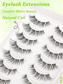 10 Pairs Cat Eye False Eyelashes With Extended Outer Corners, 3D Fluffy Natural Soft Invisible Transparent Band - Black - View 7