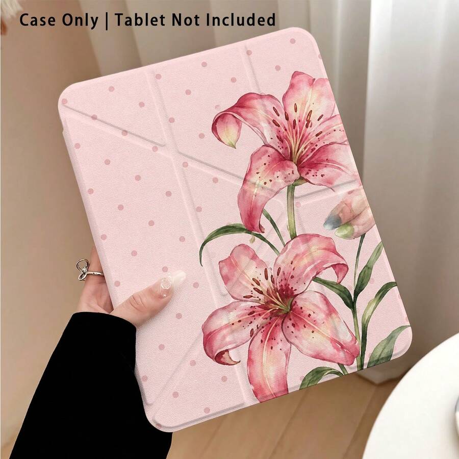 Pink Lily And Polka Dot Pattern Painted Effect Tablet Protective Case With Stand, Compatible With Honor 8/9/10/X8/X8A/X9/X8Pro/X9Pro, MatePad SE 11 Inch/MatePad 11 Inch/11.5 Inch, MatePad Pro, Apple 10th/11th Gen 2025 (A16), Galaxy Tab A7/A9 And Other Popular Models - Style 6 - View 1