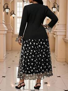 Fleurora Set da 2 pezzi taglie forti per donna, elegante abito da invitata a matrimonio con patchwork in rete floreale, abito da festa di matrimonio, outfit da carnevale, costume da carnevale, vacanza - nero - Visualizzare 2