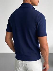 Men's Summer Half-Zip Solid Color Knit Polo Shirt, Suitable For Summer Outings, Essential For Fashionable Styling - Navy Blue - View 11