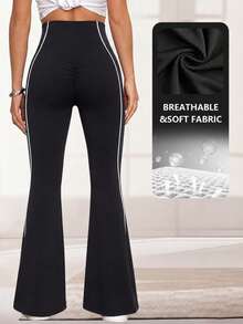 Women's High Waist Contrast Color Trim Flared Hem Pants, Tummy Control Stretchy Flare Yoga Pants, Breathable Casual Sports Trousers Black - Black - View 4