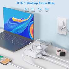 Pelindung Lonjakan Arus USB C, Stopkontak Ekstensi Dinding 6-Outlet dengan 4 Port Pengisian USB, Desain Steker Pipih Dua Sisi, Kabel Ekstensi Kepang, Cocok untuk Meja Kerja di Rumah atau Kantor - Putih - View 3
