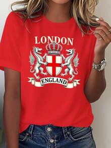Camiseta de mujer con el escudo de armas de Londres, Inglaterra - Camiseta casual con diseño del escudo de armas de Inglaterra, ropa británica lavable a máquina, blusa casual para mujer. - Rojo - Ver 1