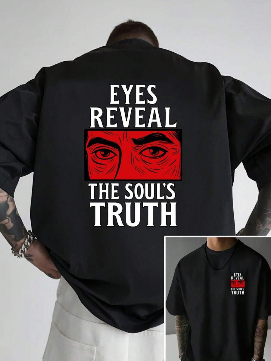 [Diseño Impreso - Sin Textura] Camiseta de hombre con hombros caídos, los ojos revelan la verdad del alma, el verdadero significado del corazón, camiseta de hombre de corte holgado con diseñ - Negro - Ver 1