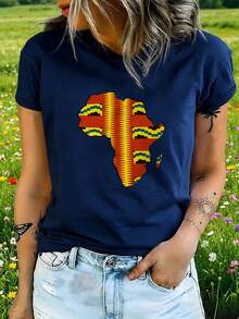 Women's T-Shirt, African Style, Light Everyday Wear - Navy Blue - View 1