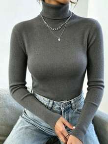Women's Knitted Blouse High Neck Cacharrel Basic Wool Sweat Fashion Shipping!!! - Gris Oscuro - Ver 2