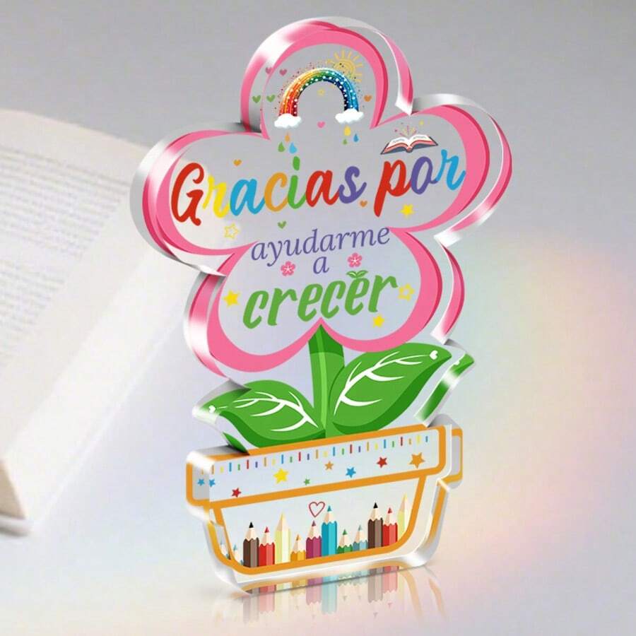 1 buc. cadou de apreciere pentru profesor, decor de birou din acrilic cu flori în ghiveci și text în spaniolă, model cu creioane curcubeu, cadou de mulțumire și de zi de naștere pentru profesor, cadou pentru profesoare, cadou de Ziua Tatălui, pentru decorul camerei, decorul biroului, decorul sălii de clasă și decorul casei