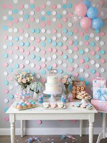 5pcs Pink Blue White Polka Dot Paper Garland, Vertical Hanging Round Dot Tassel Backdrop, Gender Reveal Baby Shower Birthday Party Decoration, Ceiling Wall Arch Round Paper String Banner, Bohemian Macaron Color Polka Dot Garland Newborn Party Supplies - Multicolor - View 4