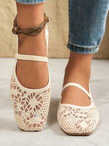 Spring/Summer Lace Mesh Women's Flat Square Toe Hollow Out Ballet Shoes With Single Strap, Breathable Casual Commuter Shoes - White - View 4