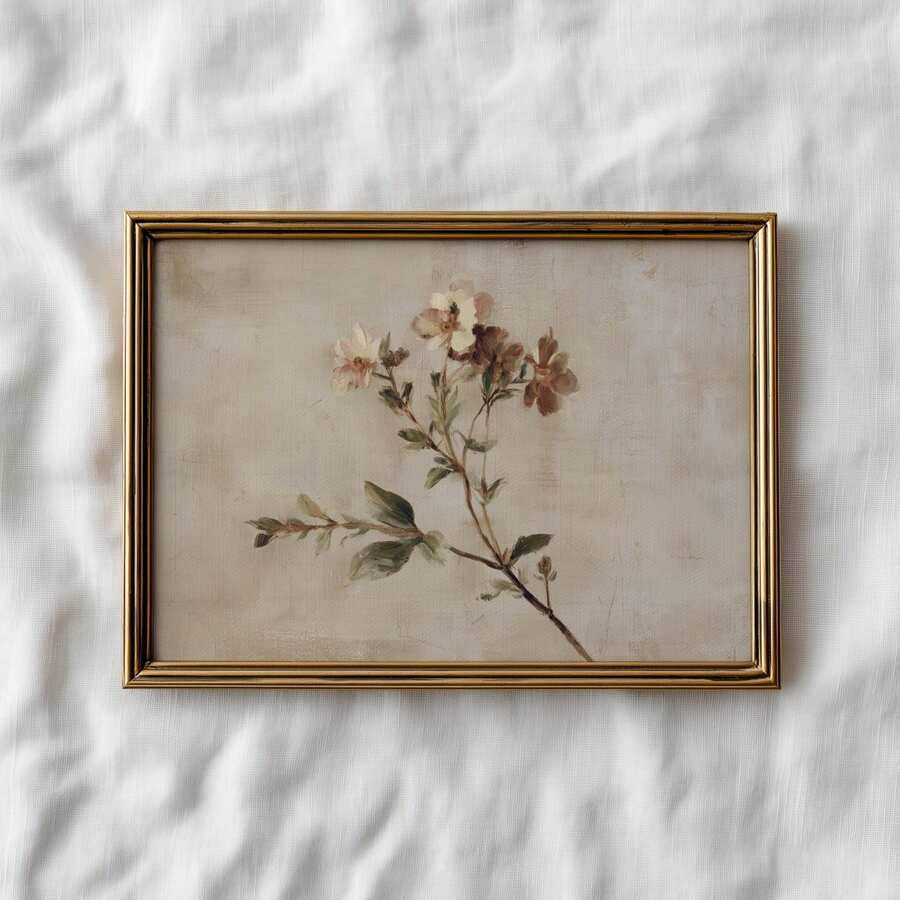 Vintage Soft Wildflower Branch Wall Art Print, Antique Neutral Beige Floral Oil Painting Canvas Poster, Distressed Texture Rustic Style Artwork, Warm Earth Tone Decor, Suitable For Living Room Bedroom Farmhouse, Country Antique Home Decor - 111 - View 1