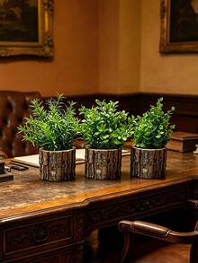 6pcs Artificial Greenery Potted Plants Set, Includes Eucalyptus Leaves, Rosemary, Magnolia, Black Plastic Mini Pots, Suitable For Home Indoor Office Desk, Country Style, Bathroom Decor, Patio Decor, Gifts, Garden Decor, Bedroom, Outdoor Plants, Gardening, Artificial Greenery Set - Green - View 6