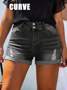 Cross-Border Plus Size Women's Straight Cut Denim Shorts With Pocket Decoration, Mid-Stretch Fabric, Creating A Relaxed And Confident Summer Vibe. - 灰色 - 查看 7