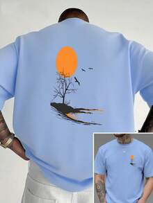Atardecer de otoño, hojas cayendo al suelo, estampado de doble cara, nueva camiseta de cuello redondo para hombre, estilo casual deportivo, moda moderna, corte holgado, camiseta de manga cor - Negro - Ver 6
