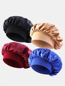 CONFLASS 4pcs/Set Women's Solid Color Wide Band Elastic Silky Satin Sleep Cap, Casual Comfortable Fashion Hair Care Sleep Cap - Multicolor - View 9