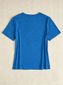 Women's Casual Blue Cotton T-Shirt With Colorful Hummingbird Graphic Short Sleeve Round Neck Fashion Top - 藍色 - 查看 4