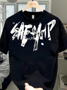 Camiseta Hombre Negra Algodón Puro Estampado Frase de Coraje con Spray Playera Casual Cuello Redondo Ropa de Verano Estilo Valiente Corte Holgado - Negro - Ver 1