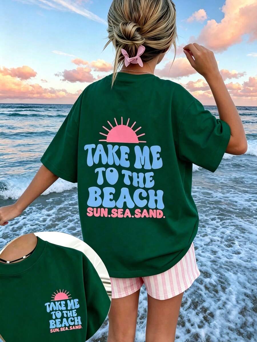Tween女孩1件日落圖案套頭短袖T恤，青少年學生兒童夏季上衣，休閒街頭海灘度假機場早餐校園日常穿搭，百搭造型