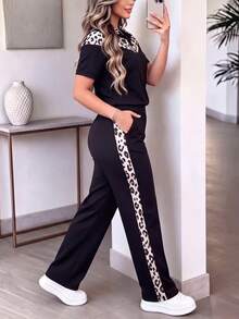 2 piezas Conjunto deportivo con estampado de leopardo para mujer, top de manga corta y cuello alto casual de verano y pantalones con bolsillos, conjunto deportivo - Negro - Ver 6