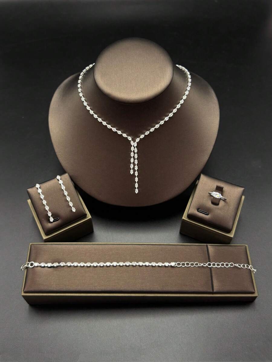 New 5pcs Silver Jewelry Set With Rhinestone Necklace & Earrings, Bracelet And Ring, Exquisite & Eye-Catching, Light Luxury Elegant, High Glossy, Suitable For Women's Wedding, Birthday, Party, Anniversary And Other Occasions - Silver - View 1