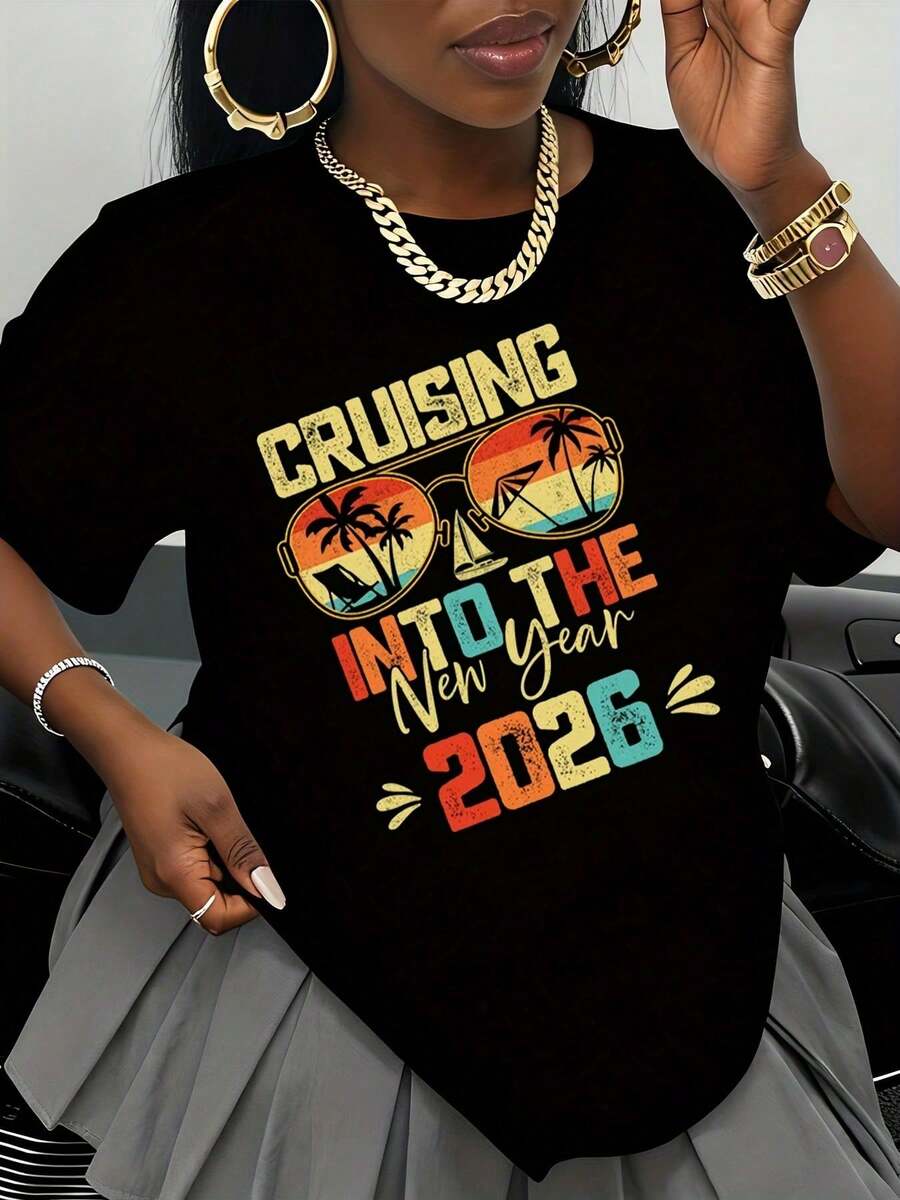 Casual New Year's 2026 Outfit, Tropical Sunglasses Design, Women's T-Shirt, Party And Celebration Clothes, Summer Vacation Travel Outfit, Fashion - 黑色 - 查看 1