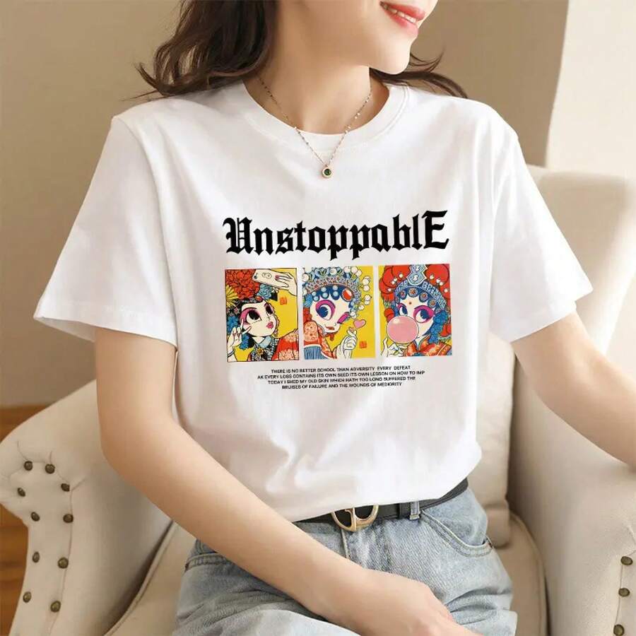 Loose Fit T-Shirt With Anime Cartoon Print - Peking Opera Girl - View 1