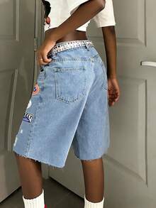 Quần short denim thêu họa tiết phong cách Y2K Streetwear thường ngày, quần short denim cạp trung, kiểu dáng gợi cảm cho mùa hè. - Rửa trung bình - Xem 7