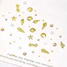 12Grids Summer Metal Nail Art Charms Gold Starfish Conch Tropical Ocean Nail Rhinestones Gold Flatback Nails Gems Diamonds Cute Ocean Theme Designs Nails Jewelry Women Acrylic Nail Supplies - Metallic - 查看 4
