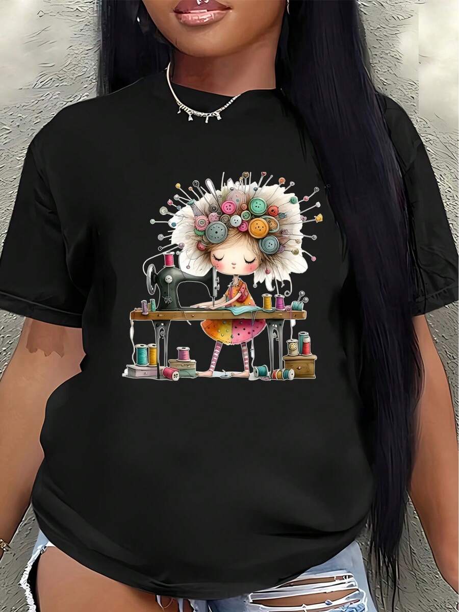 eta de Manga Corta de Poliéster con Diseño Divertido de Costura, Ligera y Duradera para Uso Casual en Casa o Estudio, Diseño Divertido para Amantes de las Manualidades y Entusiastas del Arte - Negro - Ver 1